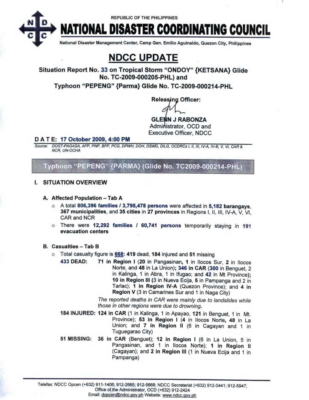 NDCC Sitrep No. 33 TS Ondoy & Typhoon Pepeng As of Oct. 17