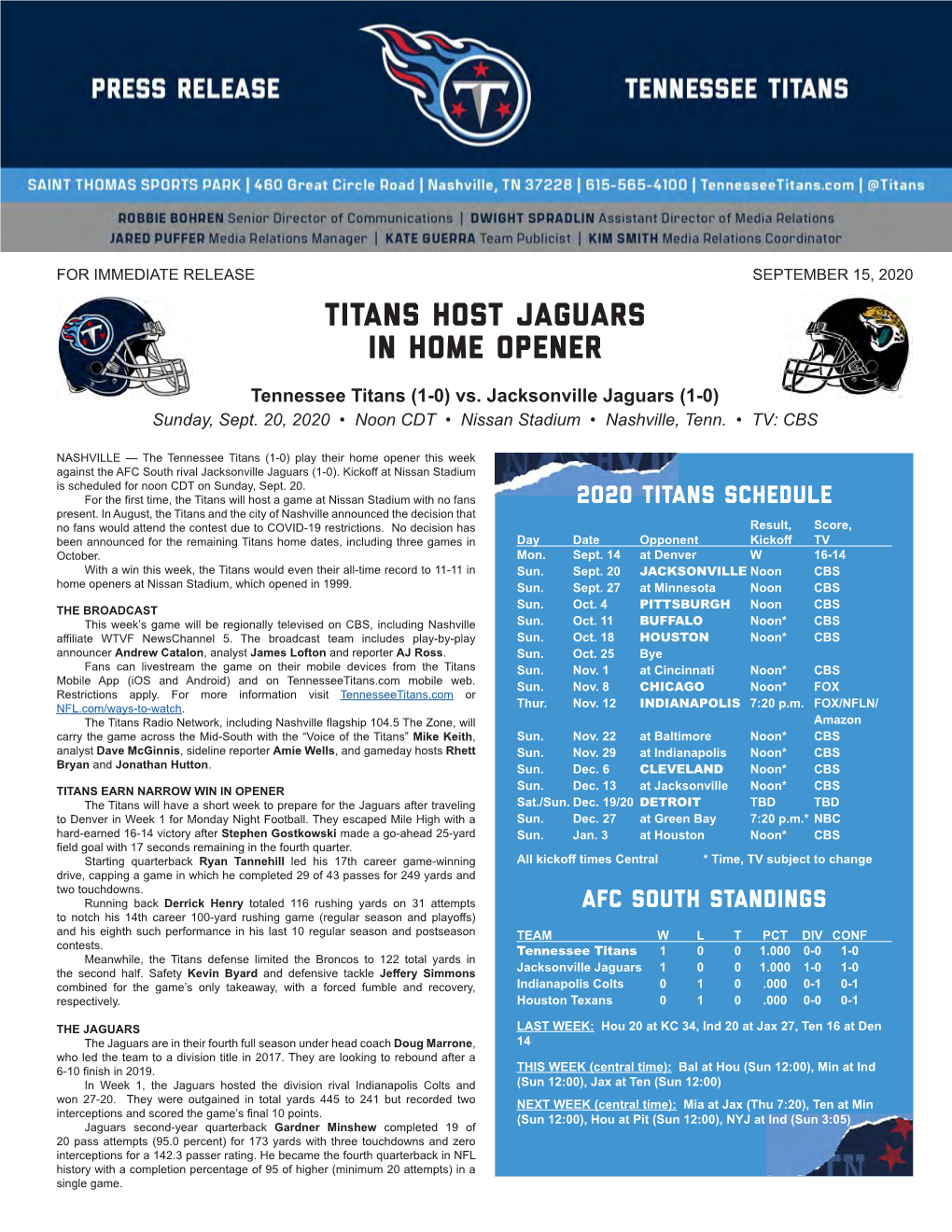 Titans Host Jaguars in Home Opener