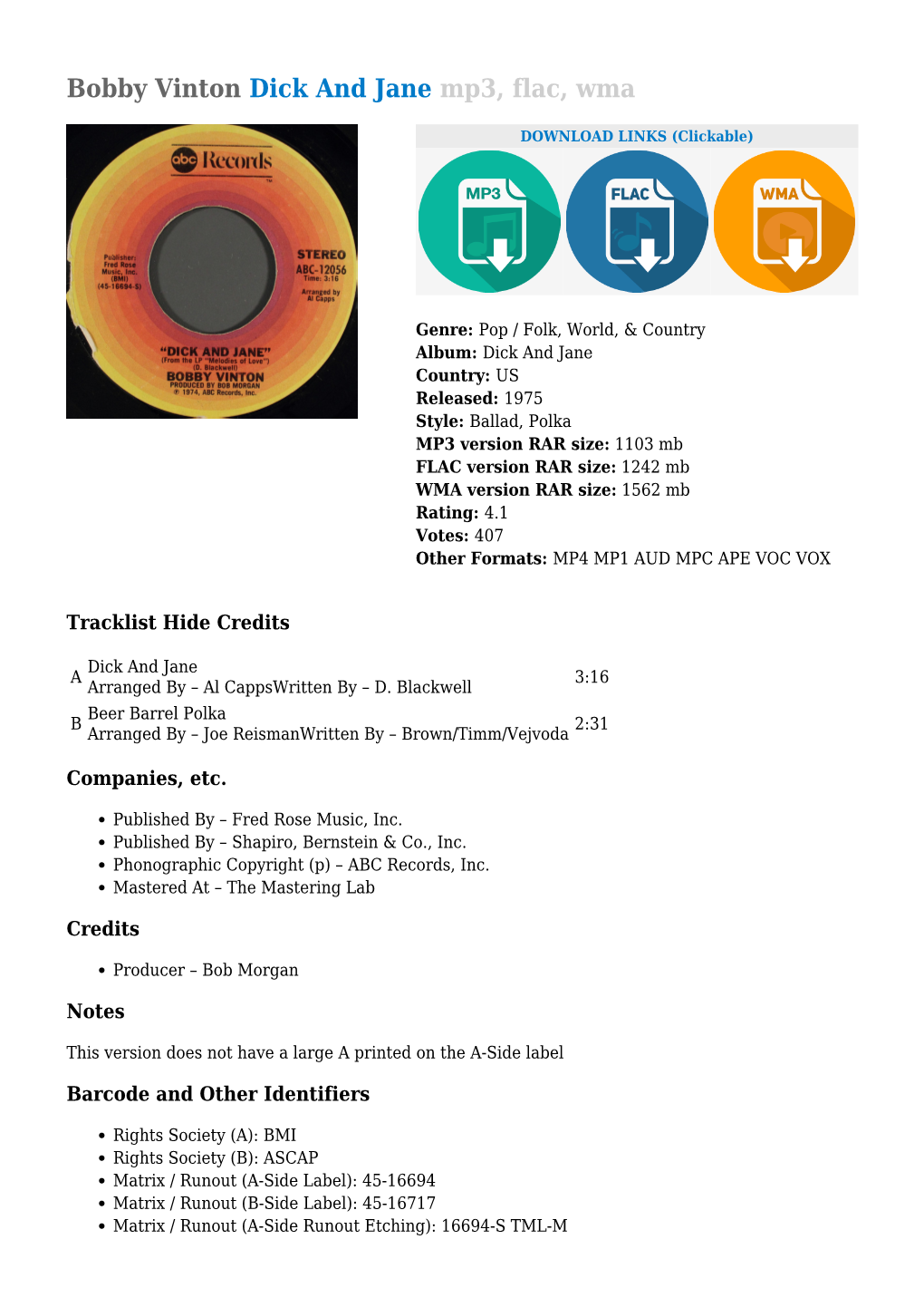 Bobby Vinton Dick and Jane Mp3, Flac, Wma