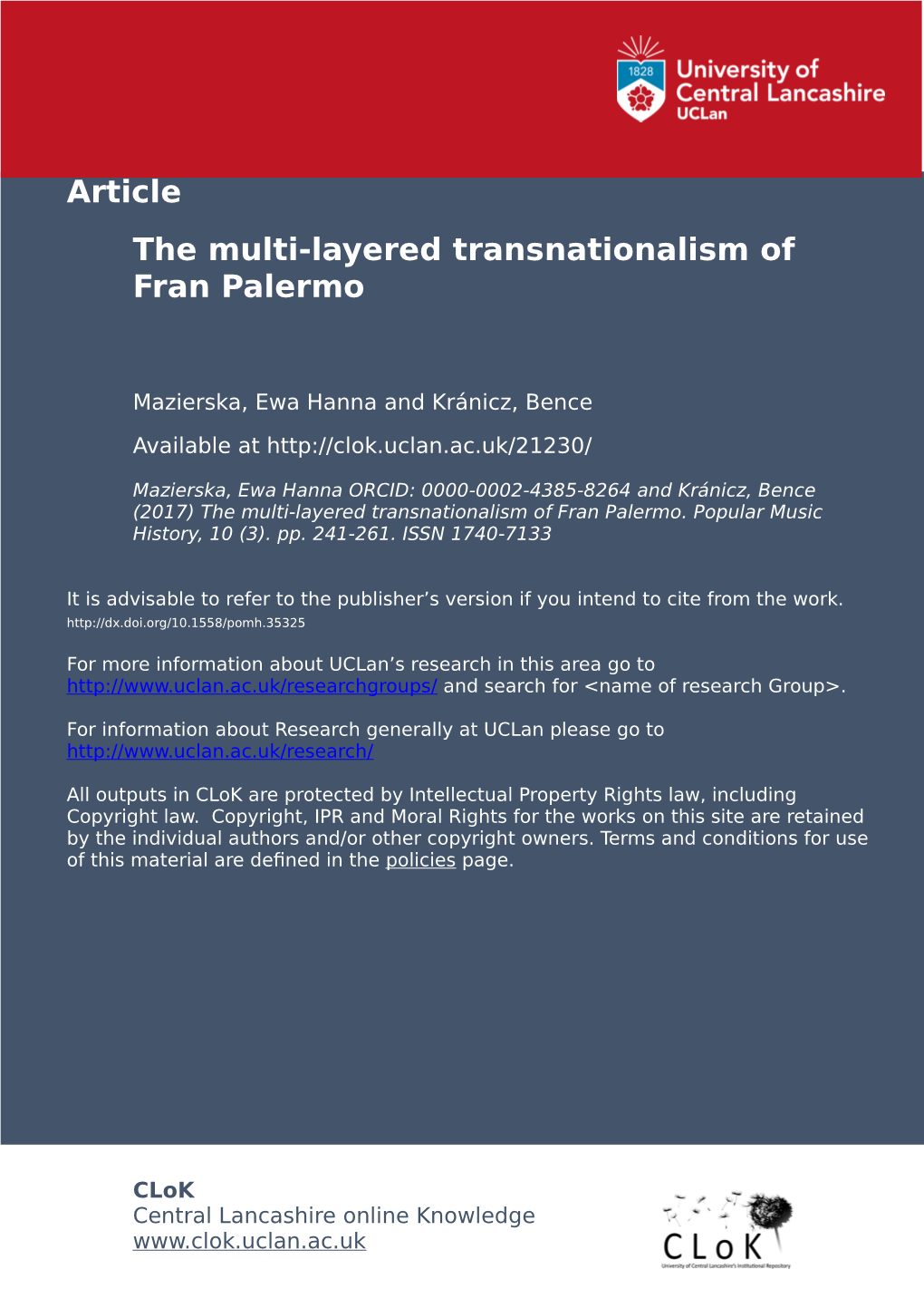 The Multi-Layered Transnationalism of Fran Palermo Ewa Mazierska And