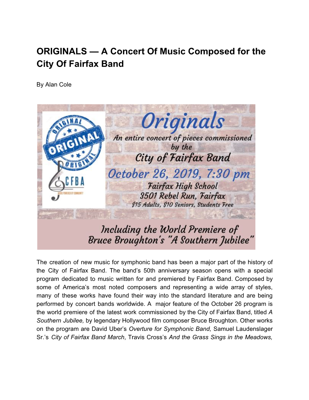 ORIGINALS — a Concert of Music Composed for the City of Fairfax Band