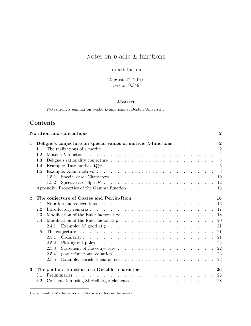 Notes on P-Adic L-Functions