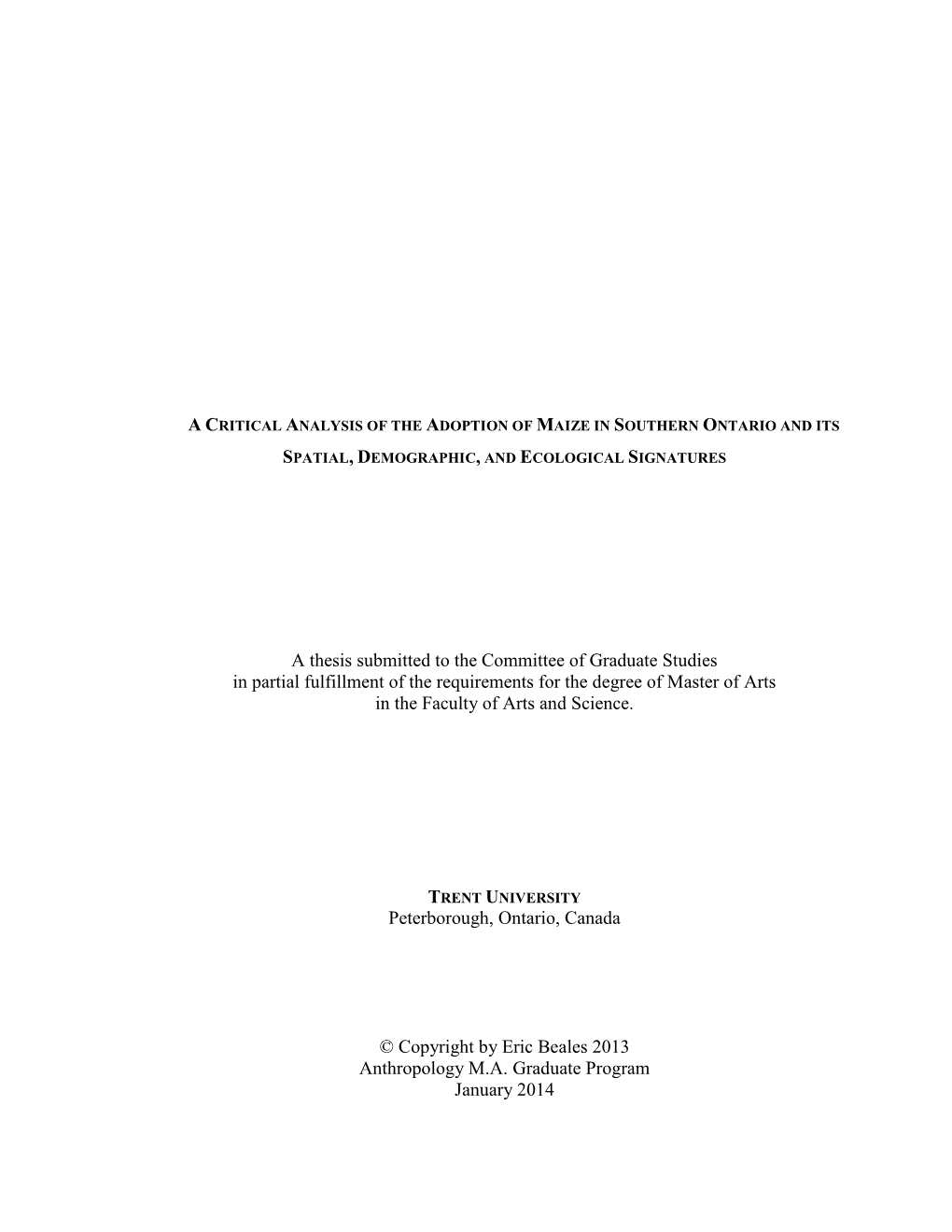 A Critical Analysis of the Adoption of Maize in Southern Ontario and Its