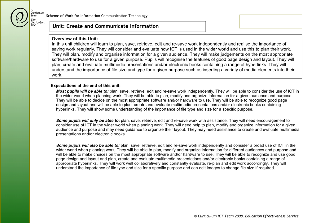 Scheme of Work for Information Communication Technology