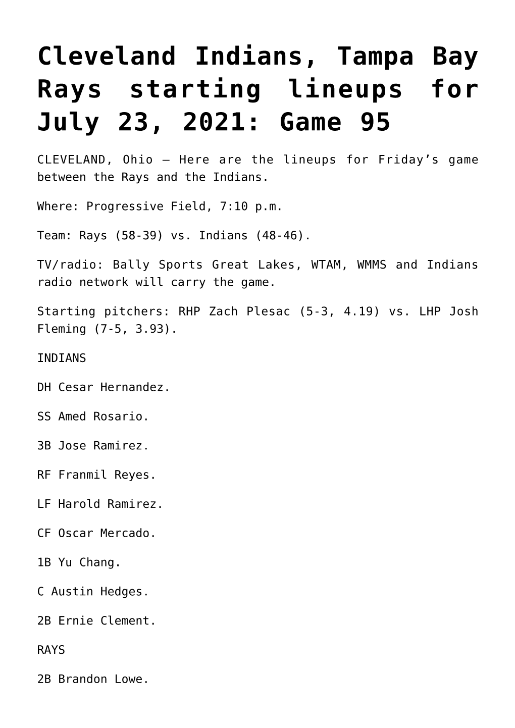 Cleveland Indians, Tampa Bay Rays Starting Lineups for July 23, 2021: Game 95