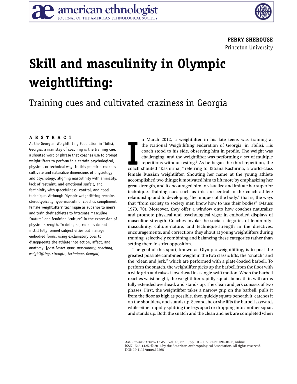 Skill and Masculinity in Olympic Weightlifting: Training Cues and Cultivated Craziness in Georgia