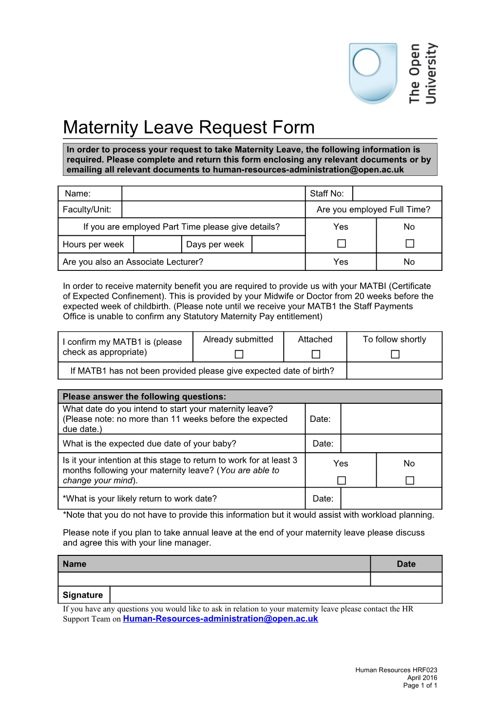 Maternity Leave Request Form HRF023