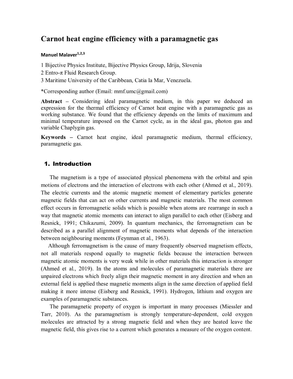 Carnot Heat Engine Efficiency with a Paramagnetic Gas