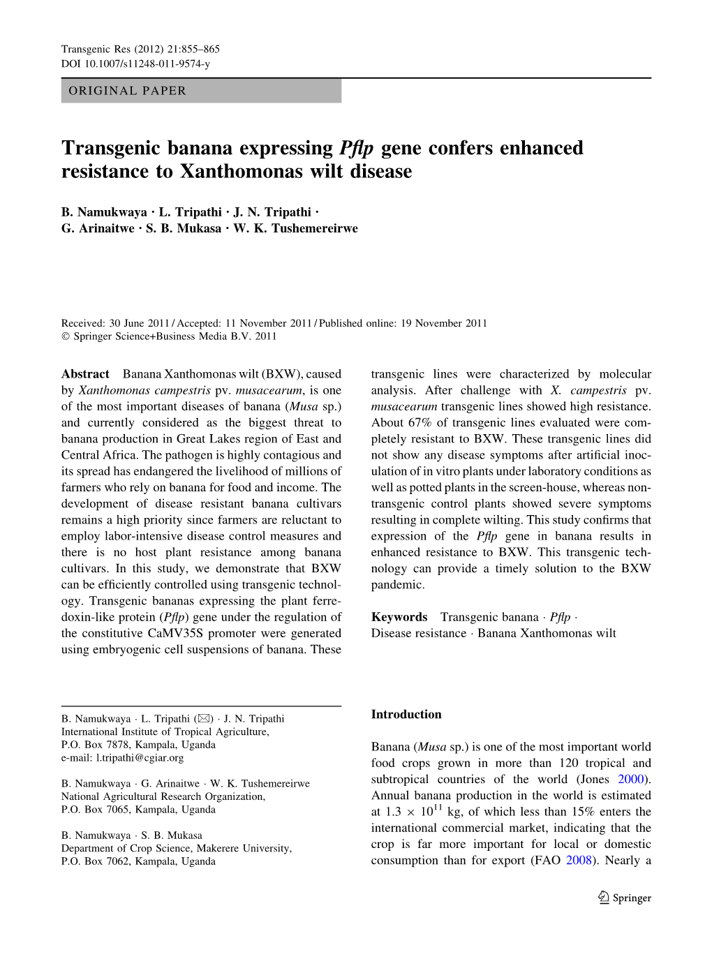 Transgenic Banana Expressing Pflp Gene Confers Enhanced Resistance