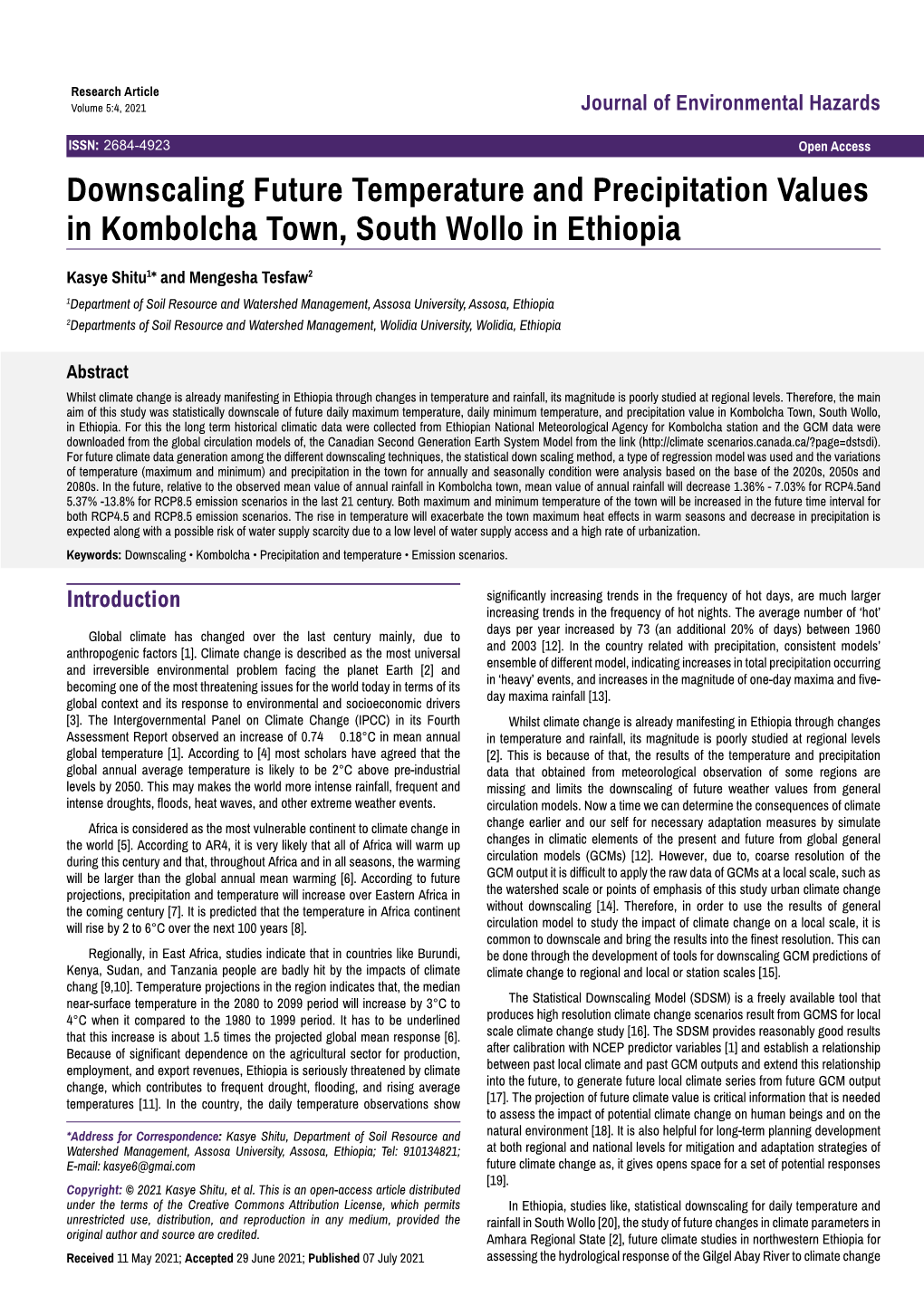 Downscaling Future Temperature and Precipitation Values in Kombolcha Town, South Wollo in Ethiopia