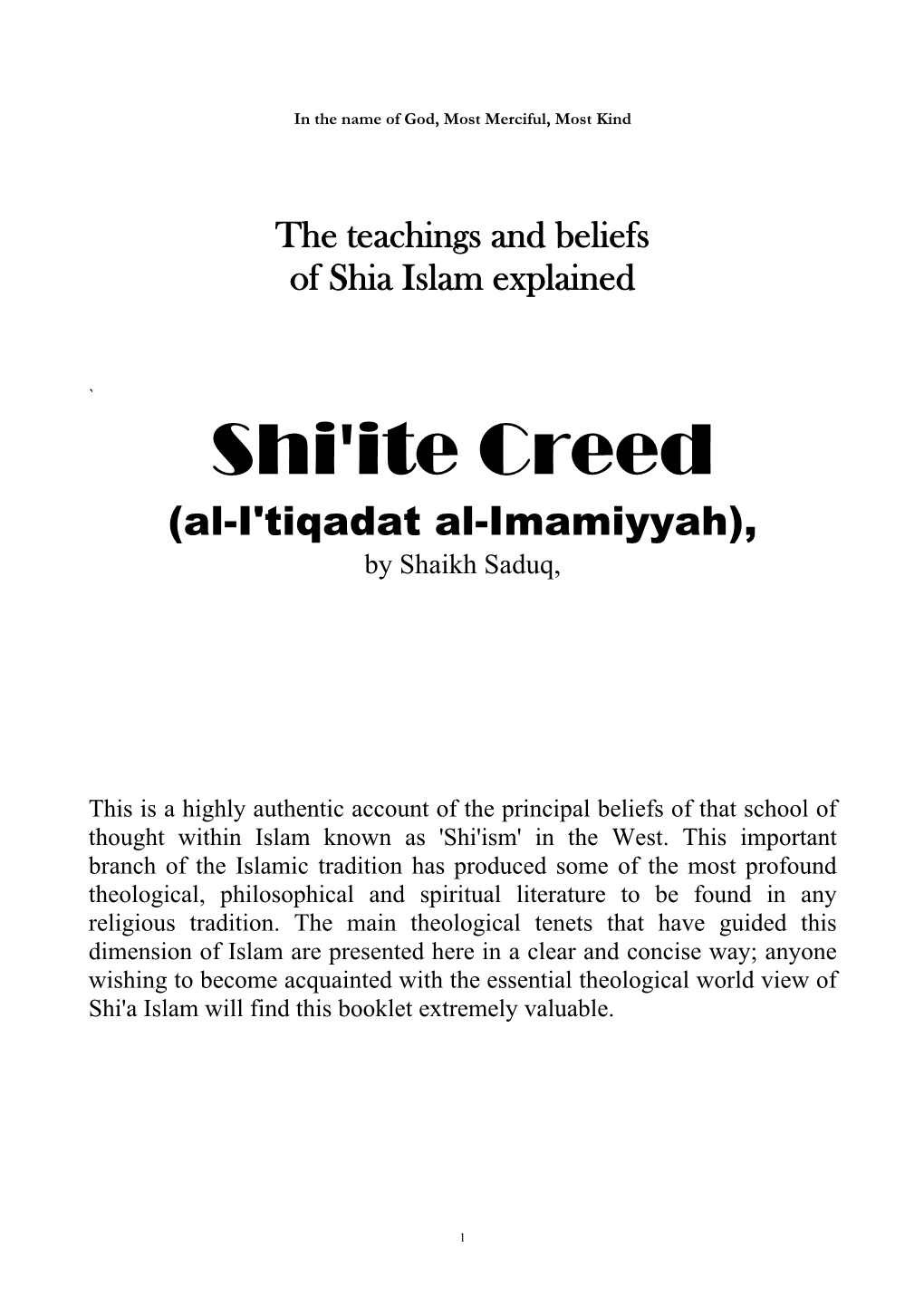 On the Beliefs of the Shi'a Imamiya