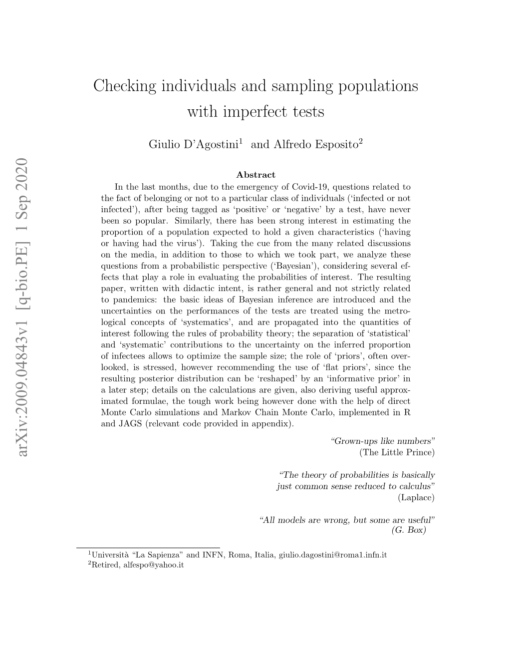 Checking Individuals and Sampling Populations with Imperfect Tests