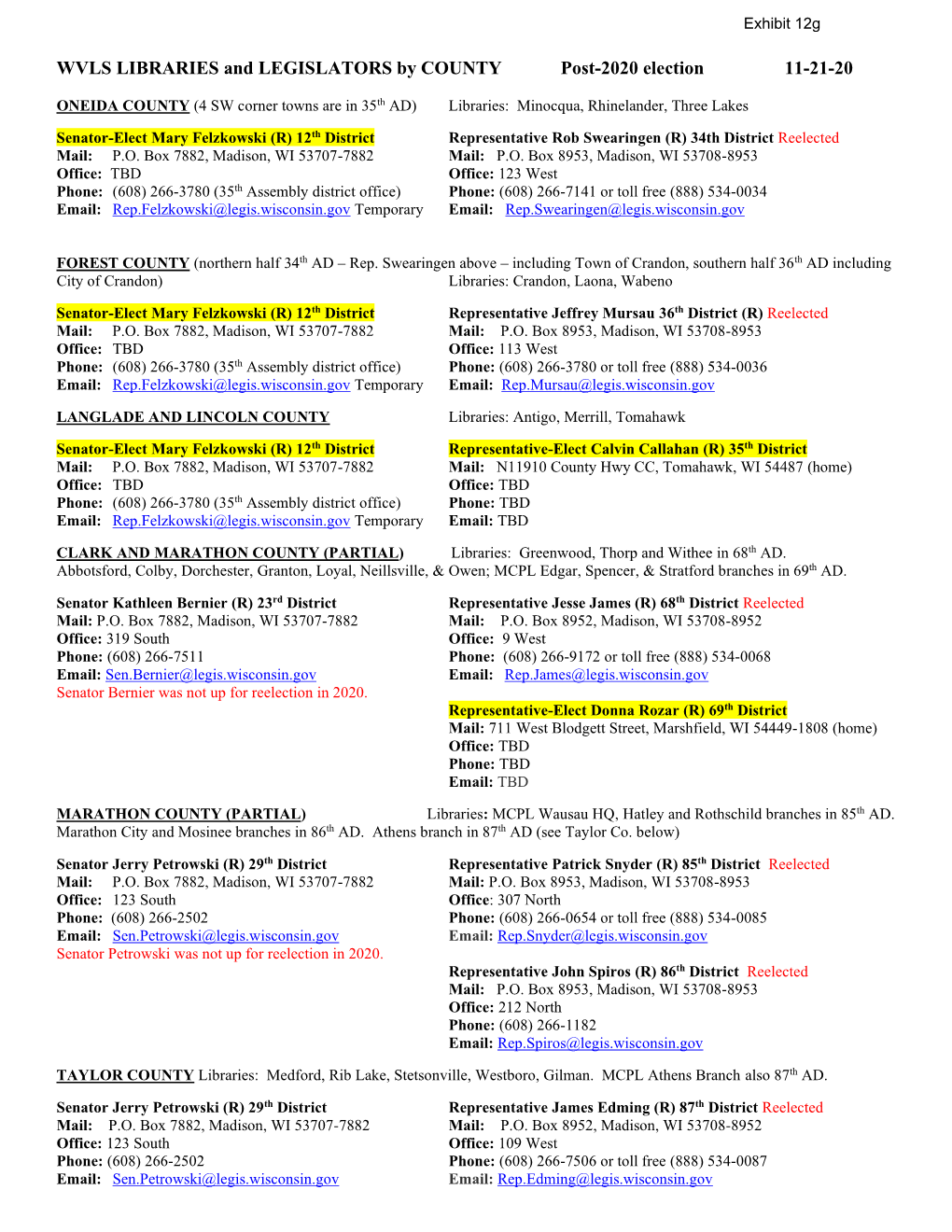 Exhibit 12G WVLS Post-2020 Election Libraries and Legislators