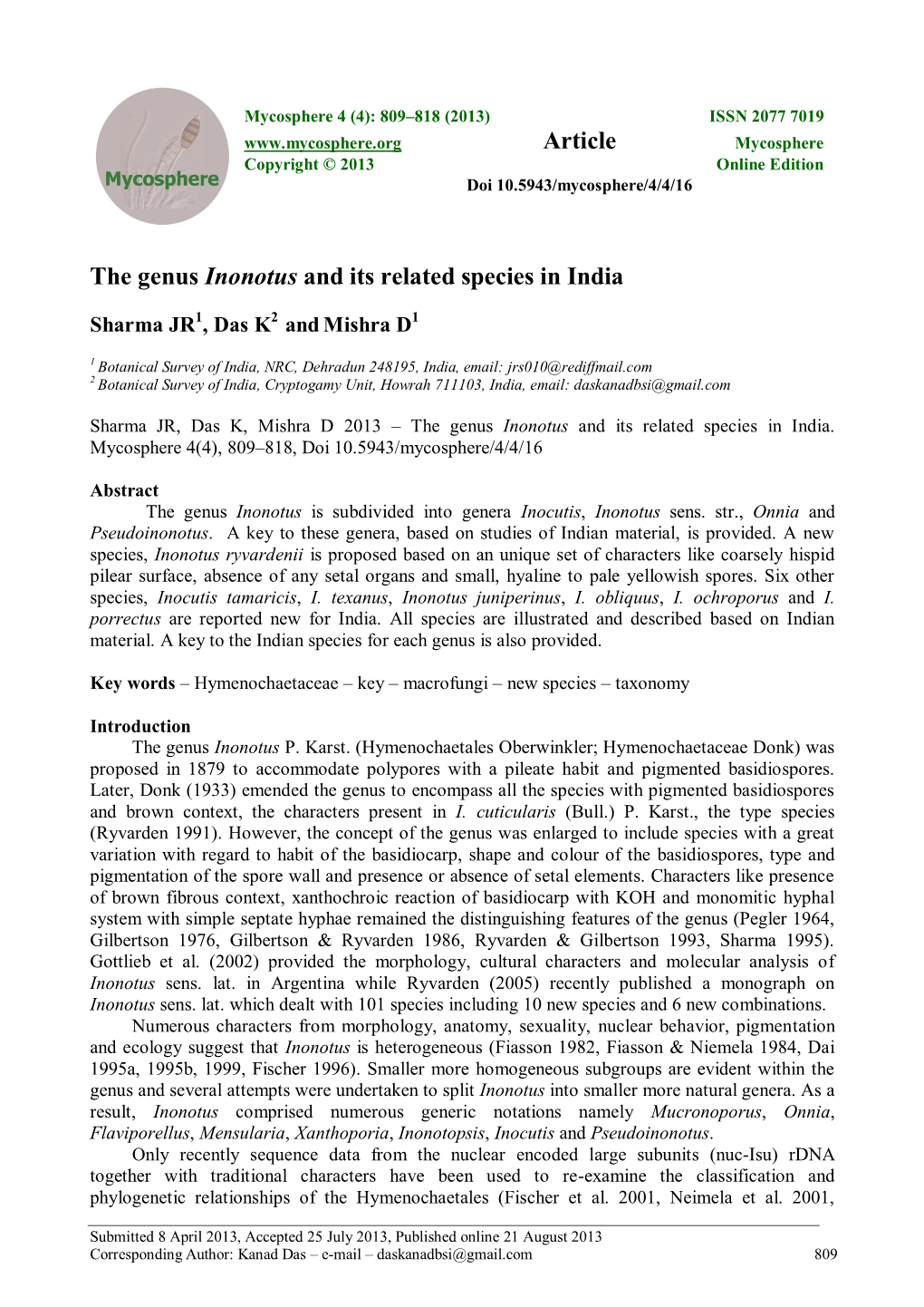 The Genus Inonotus and Its Related Species in India Article