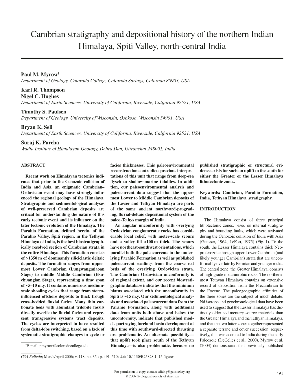 Cambrian Stratigraphy and Depositional History of the Northern Indian Himalaya, Spiti Valley, North-Central India