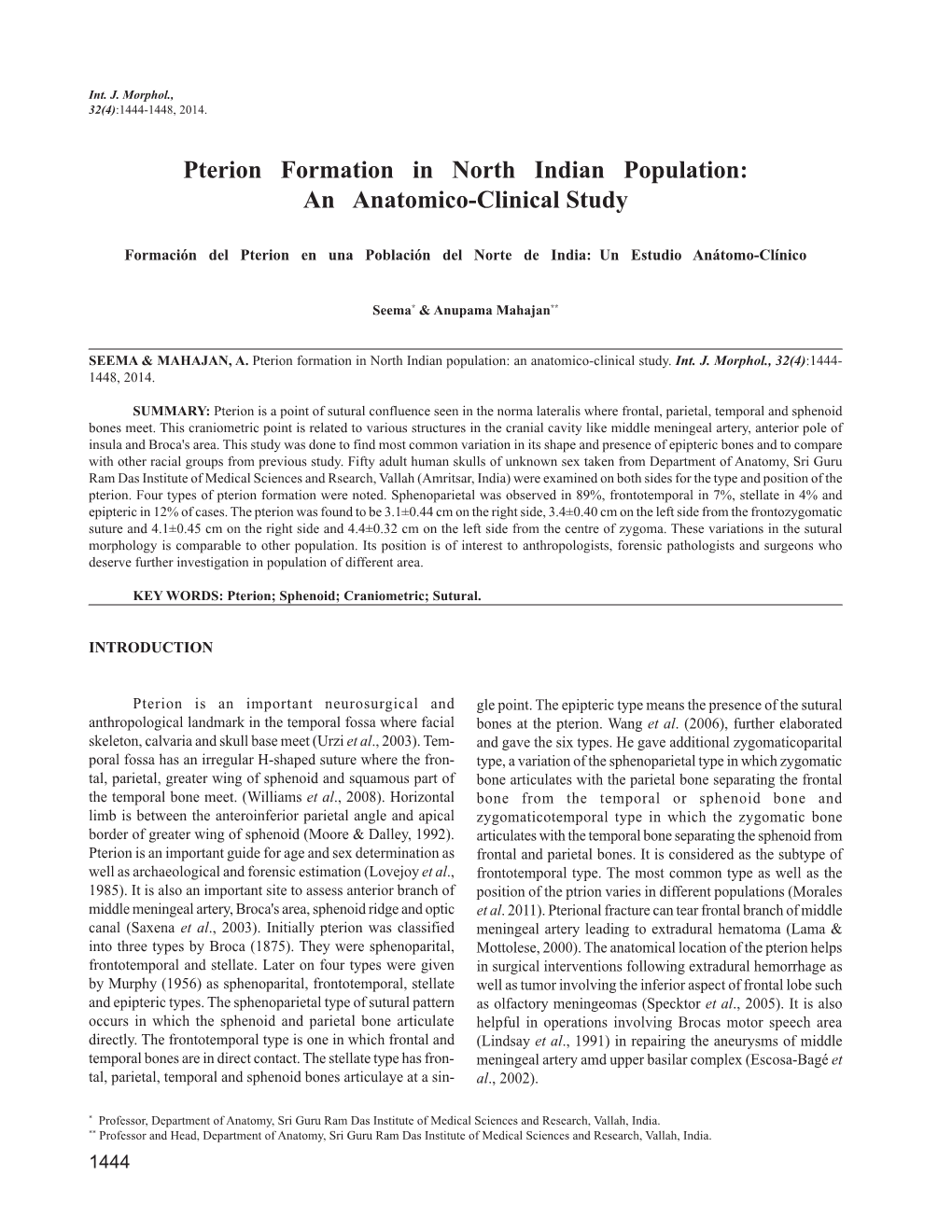 Pterion Formation in North Indian Population: an Anatomico-Clinical Study