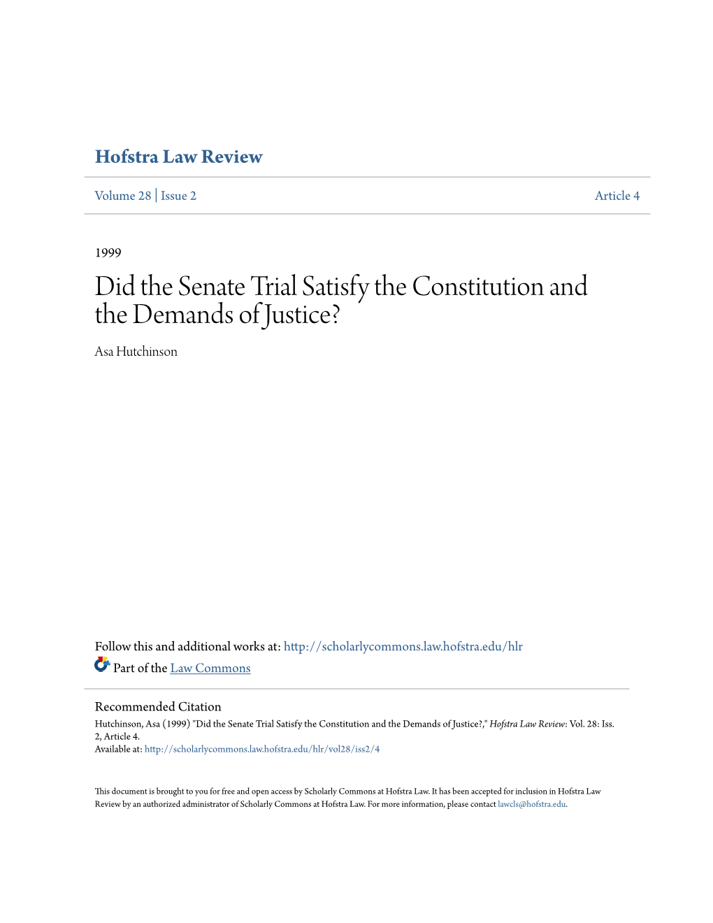 Did the Senate Trial Satisfy the Constitution and the Demands of Justice? Asa Hutchinson