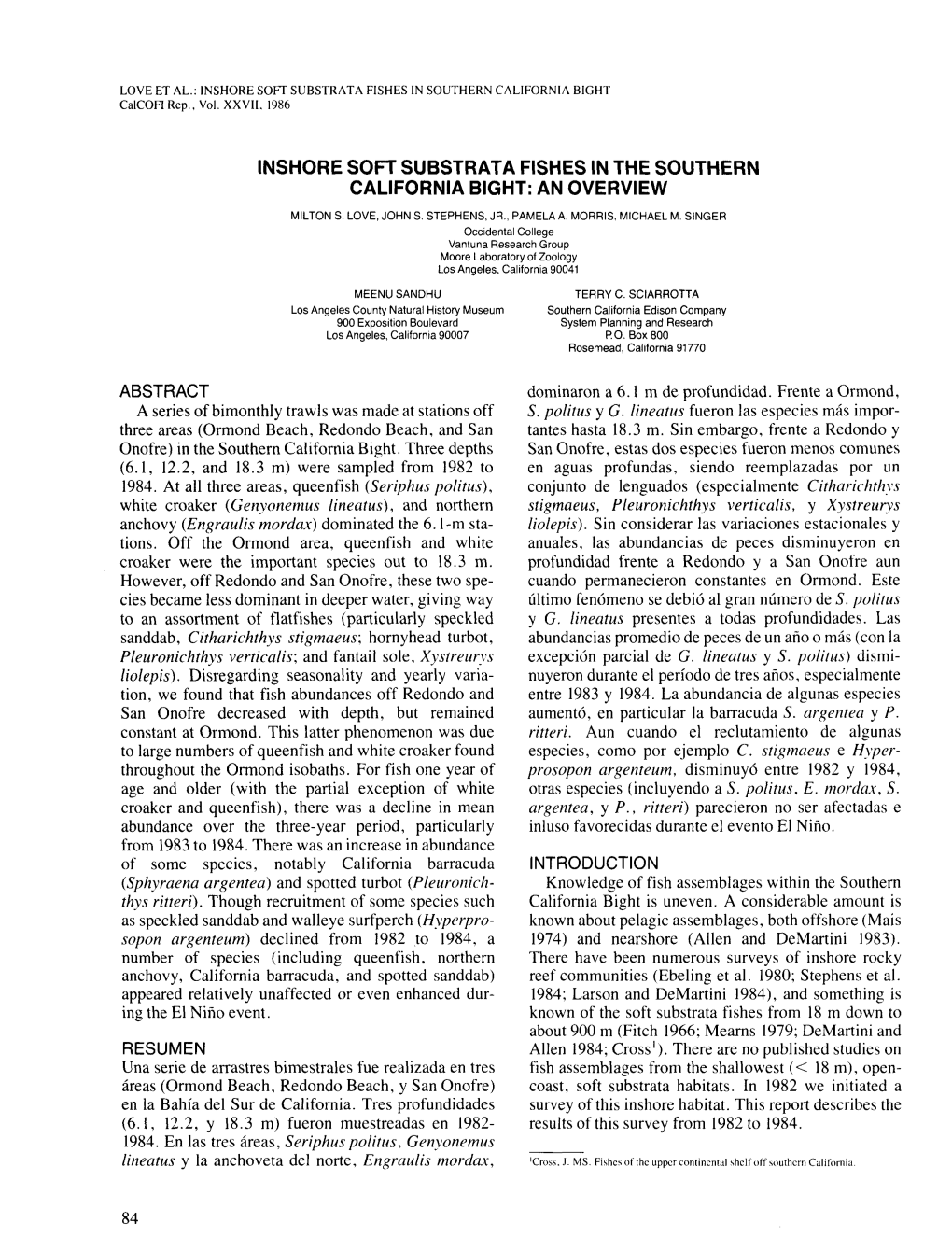 Inshore Soft Substrata Fishes in the Southern California Bight: an Overview