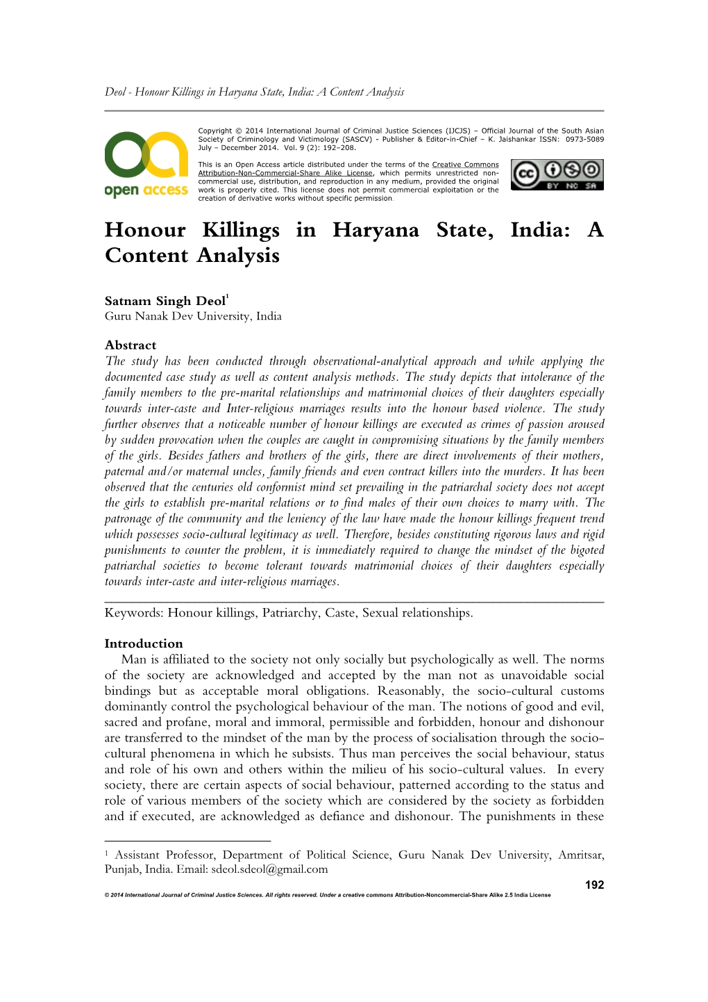 Honour Killings in Haryana State, India: a Content Analysis