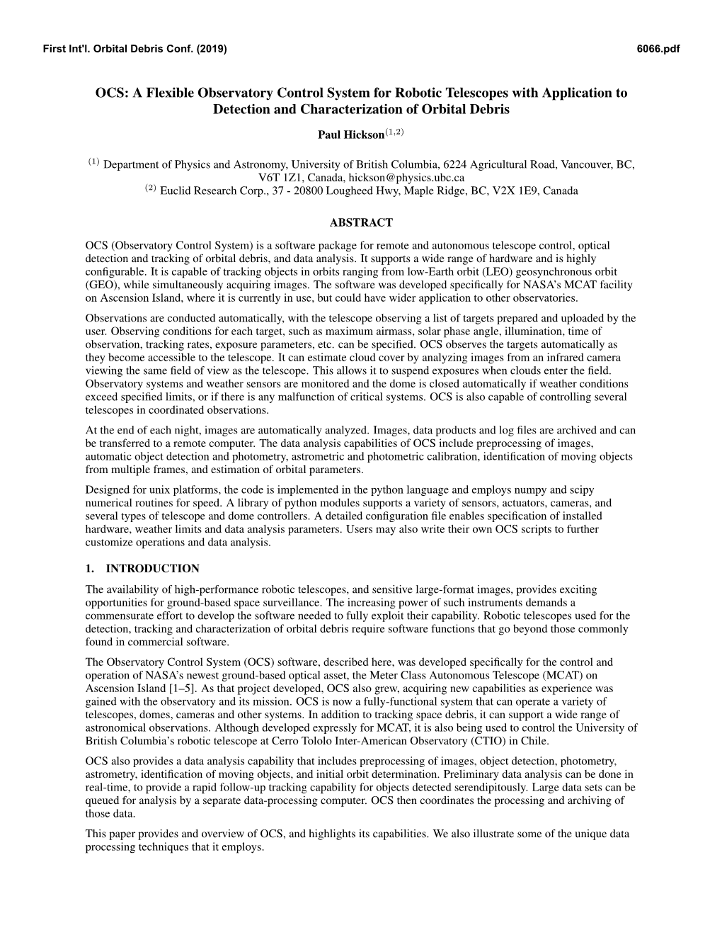 OCS: a Flexible Observatory Control System for Robotic Telescopes with Application to Detection and Characterization of Orbital Debris