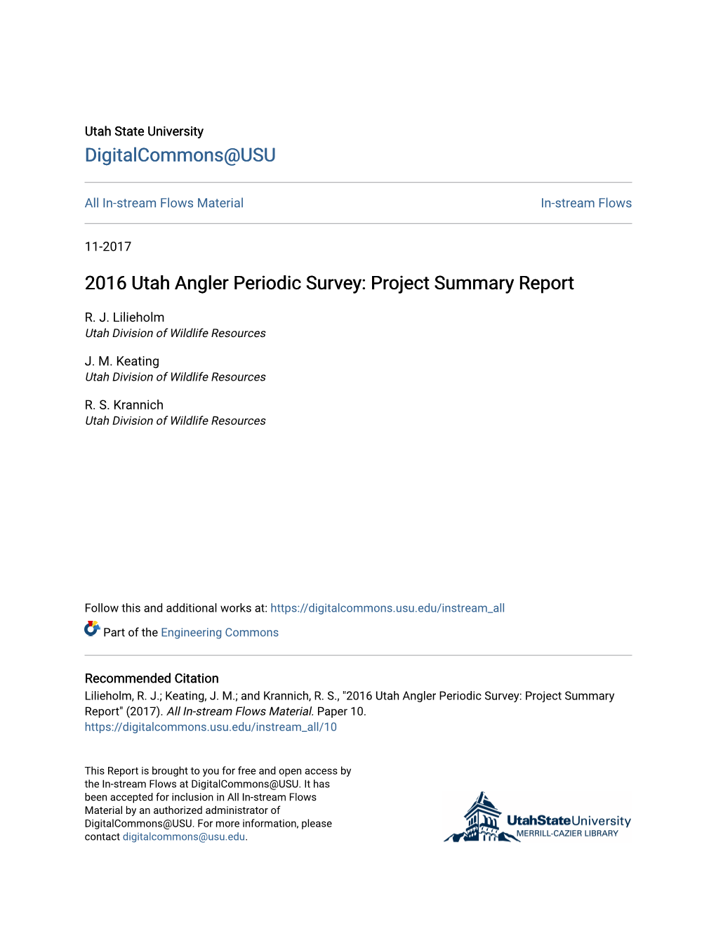 2016 Utah Angler Periodic Survey: Project Summary Report