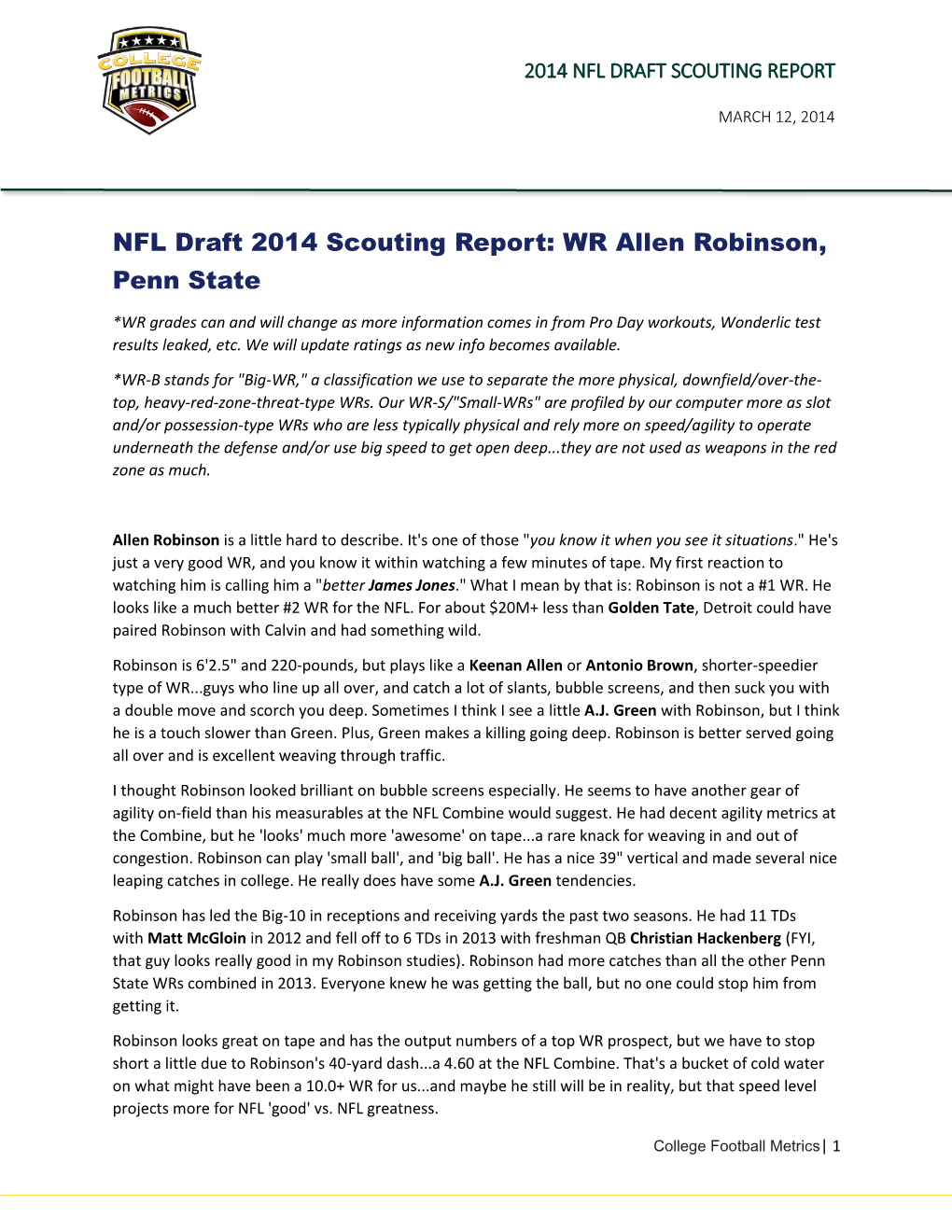 NFL Draft 2014 Scouting Report: WR Allen Robinson, Penn State