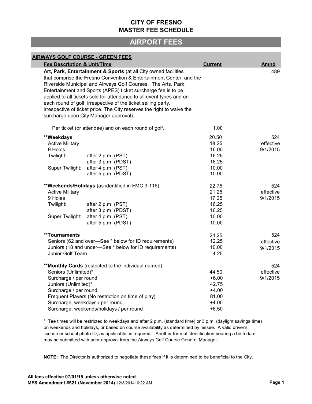 FY 16 Master Fee Schedule