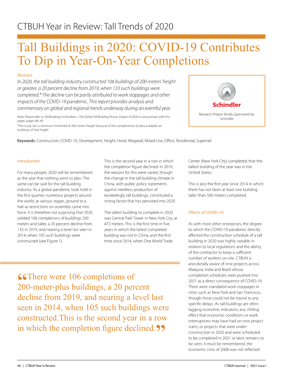 Tall Buildings in 2020: COVID-19 Contributes to Dip in Year-On-Year Completions