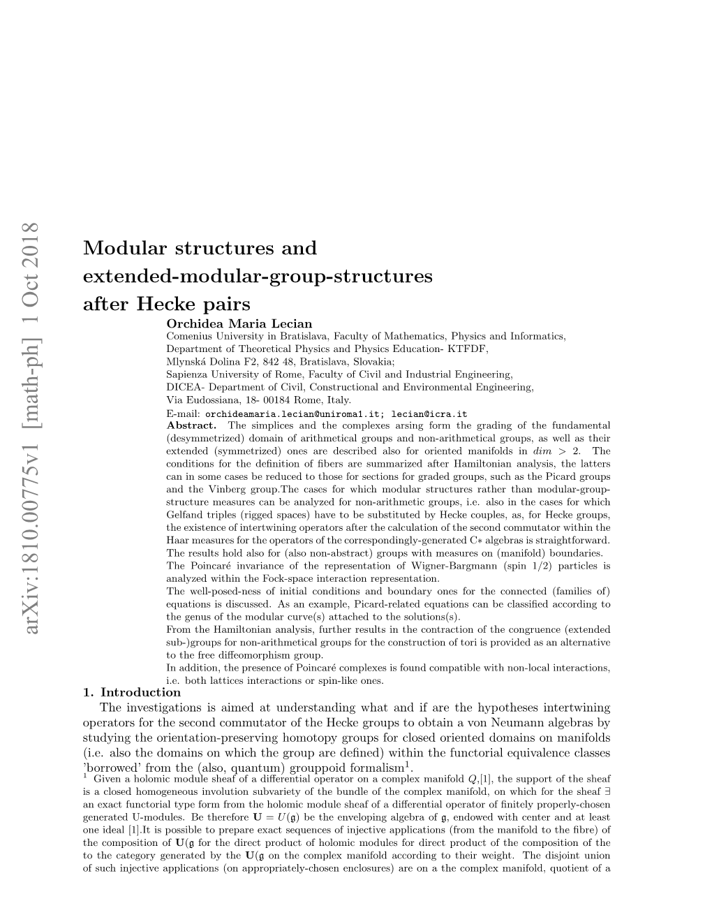 Arxiv:1810.00775V1 [Math-Ph] 1 Oct 2018 .Introduction 1