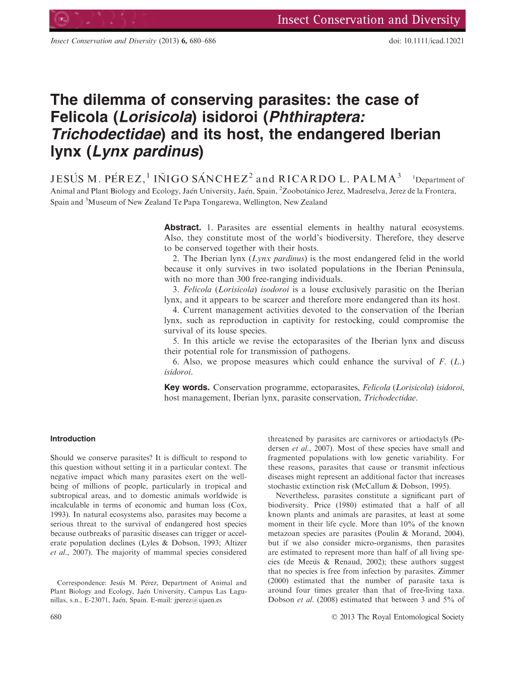 The Dilemma of Conserving Parasites: the Case of Felicola