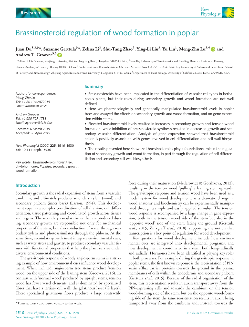 Brassinosteroid Regulation of Wood Formation in Poplar