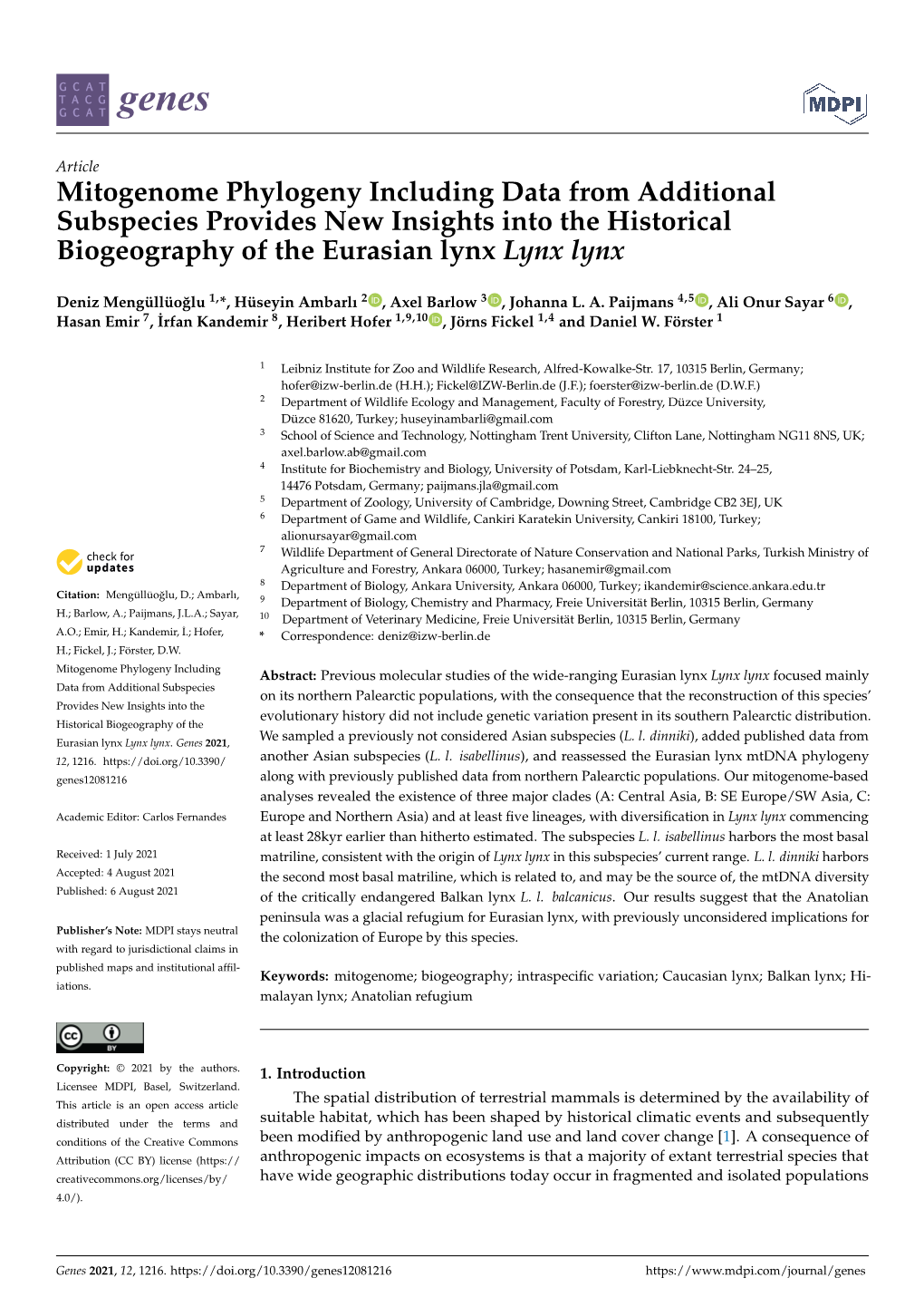 Mitogenome Phylogeny Including Data from Additional Subspecies Provides New Insights Into the Historical Biogeography of the Eurasian Lynx Lynx Lynx