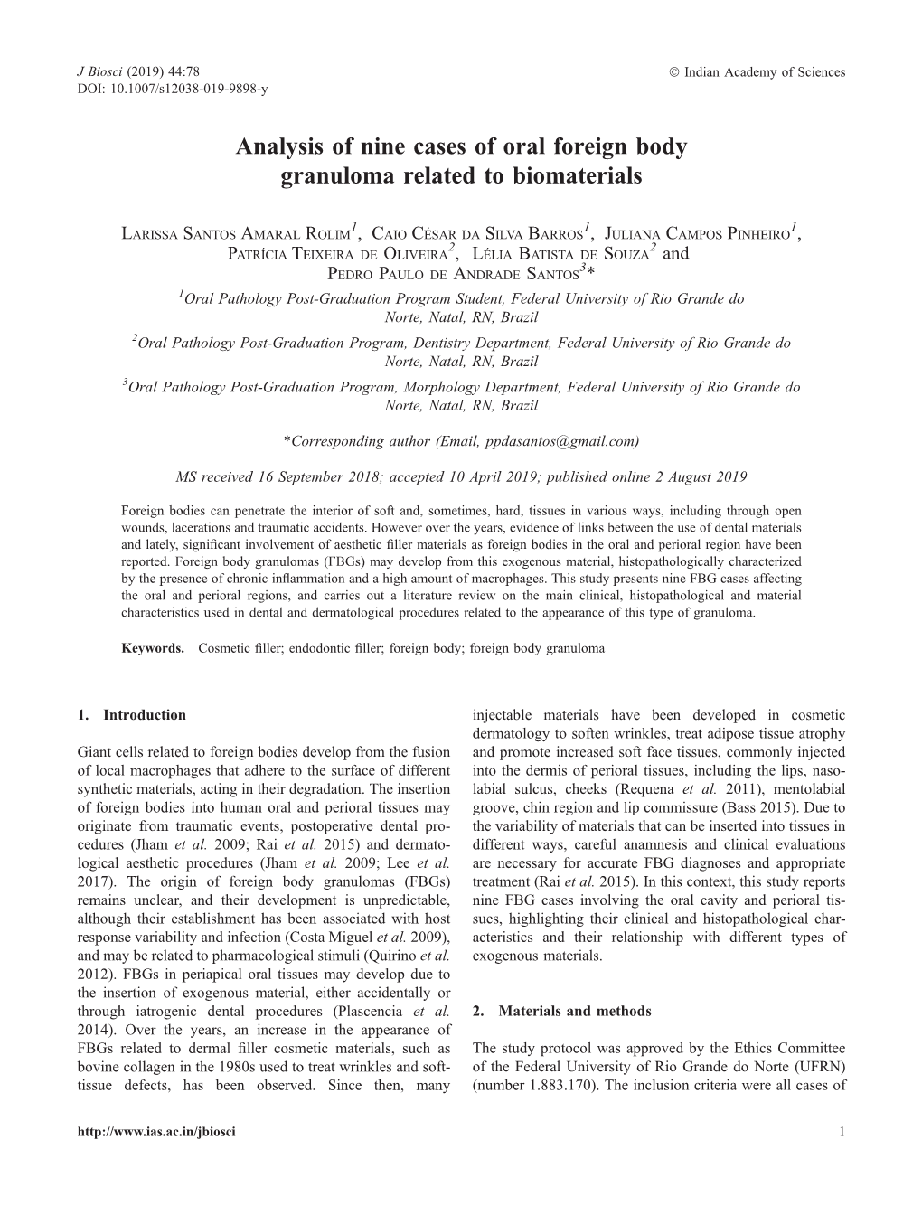 Analysis of Nine Cases of Oral Foreign Body Granuloma Related to Biomaterials