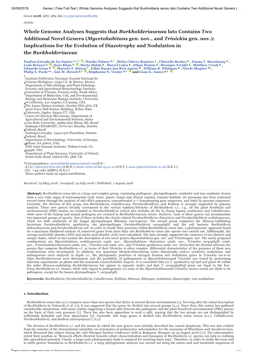 Whole Genome Analyses Suggests That Burkholderiasensu Lato Contains Two Additional Novel Genera (Mycetohabitans Gen