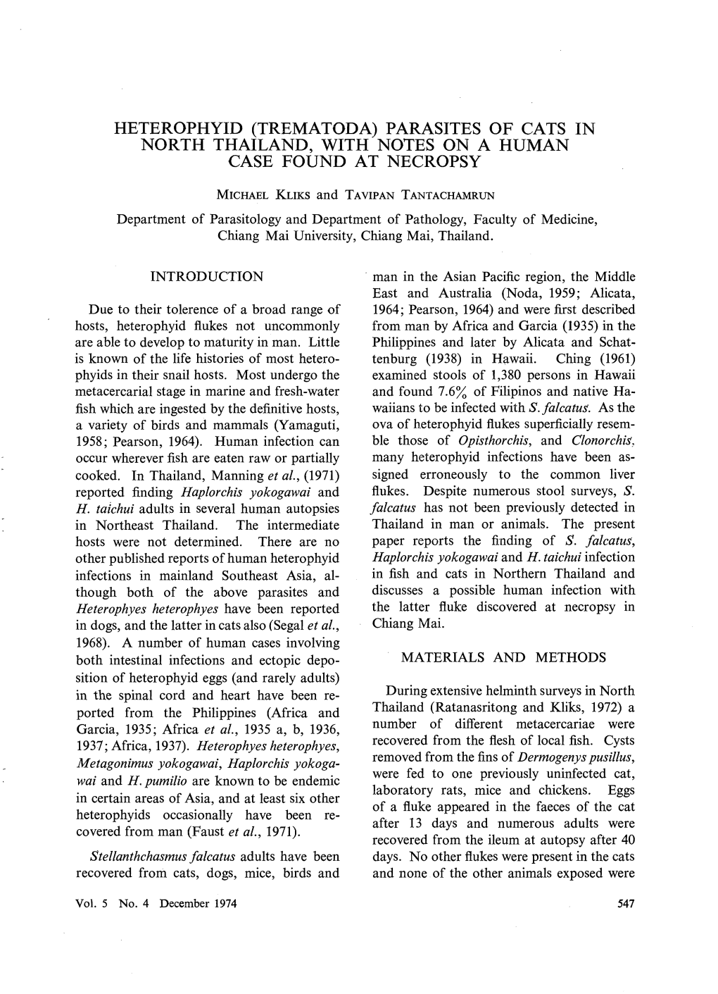 Heterophyid (Trematoda) Parasites of Cats in North Thailand, with Notes on a Human Case Found at Necropsy