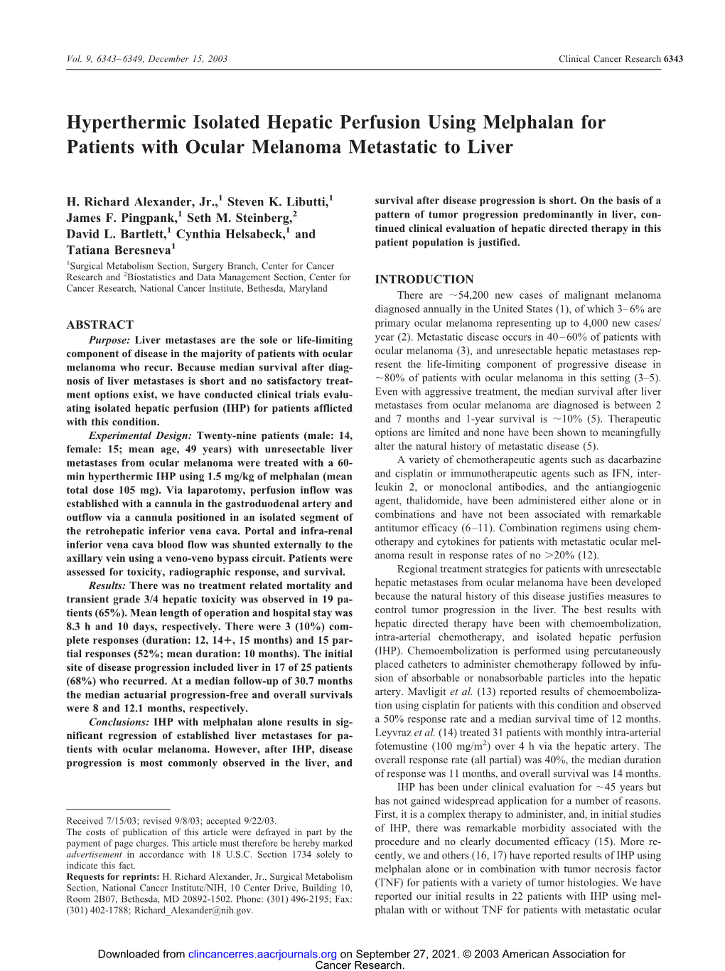 Hyperthermic Isolated Hepatic Perfusion Using Melphalan for Patients with Ocular Melanoma Metastatic to Liver