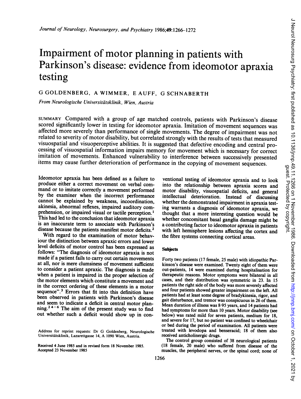 Parkinson's Disease: Evidence from Ideomotor Apraxia Testing