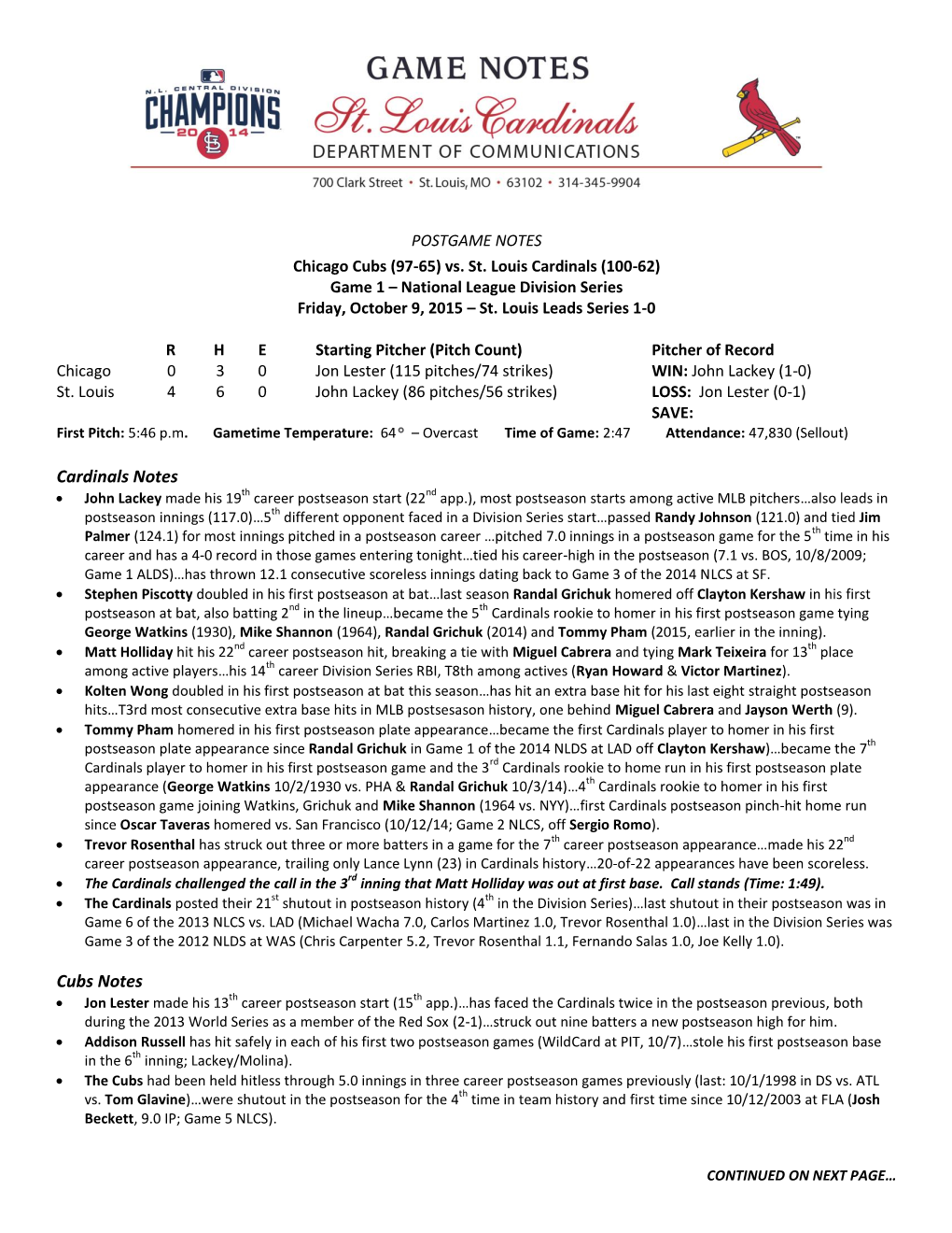 Cardinals Notes Cubs Notes