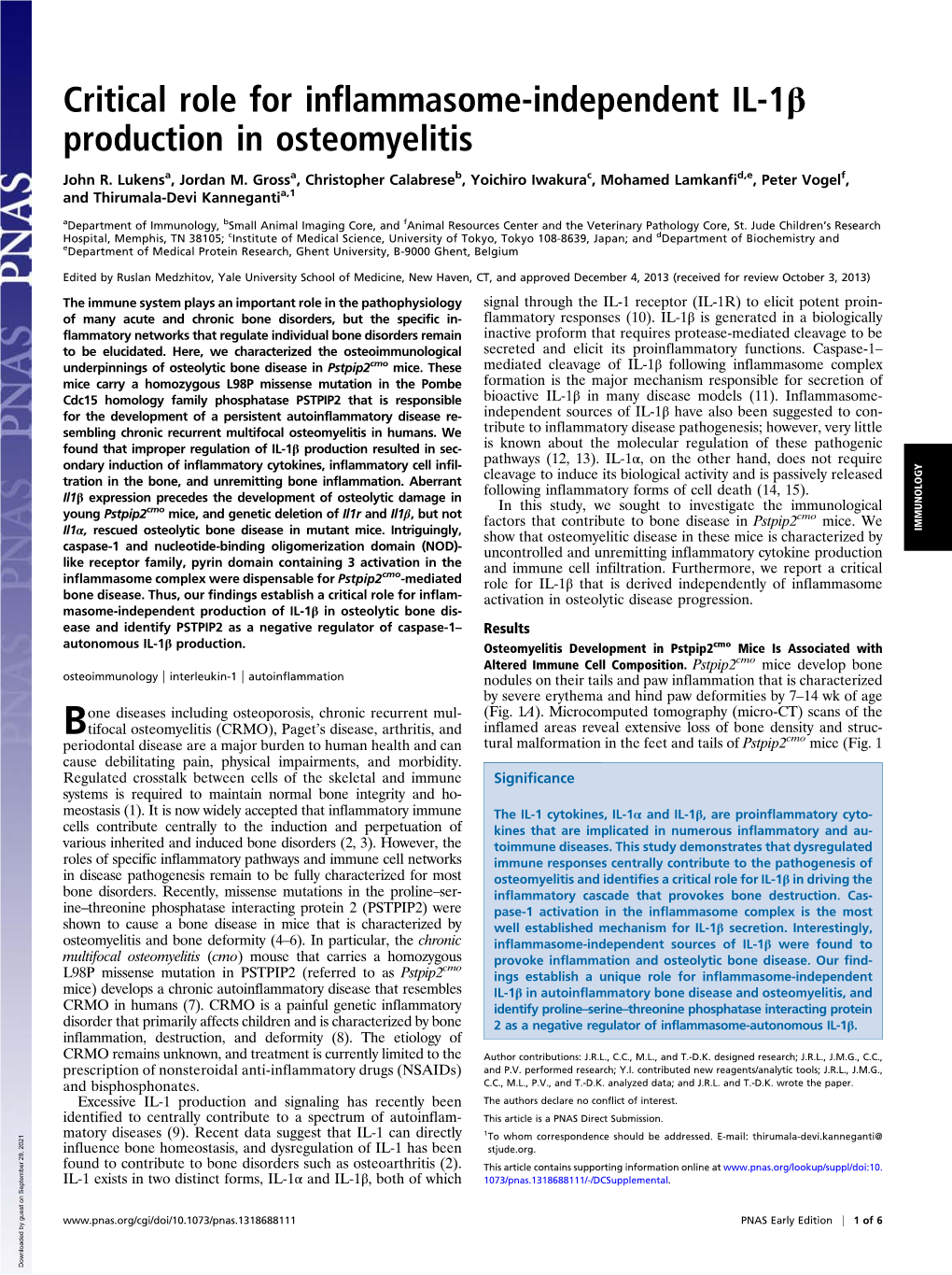 Critical Role for Inflammasome-Independent IL-1Β Production in Osteomyelitis