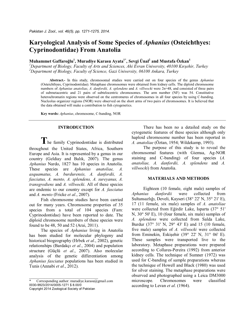 Karyological Analysis of Some Species of Aphanius (Osteichthyes: Cyprinodontidae) from Anatolia