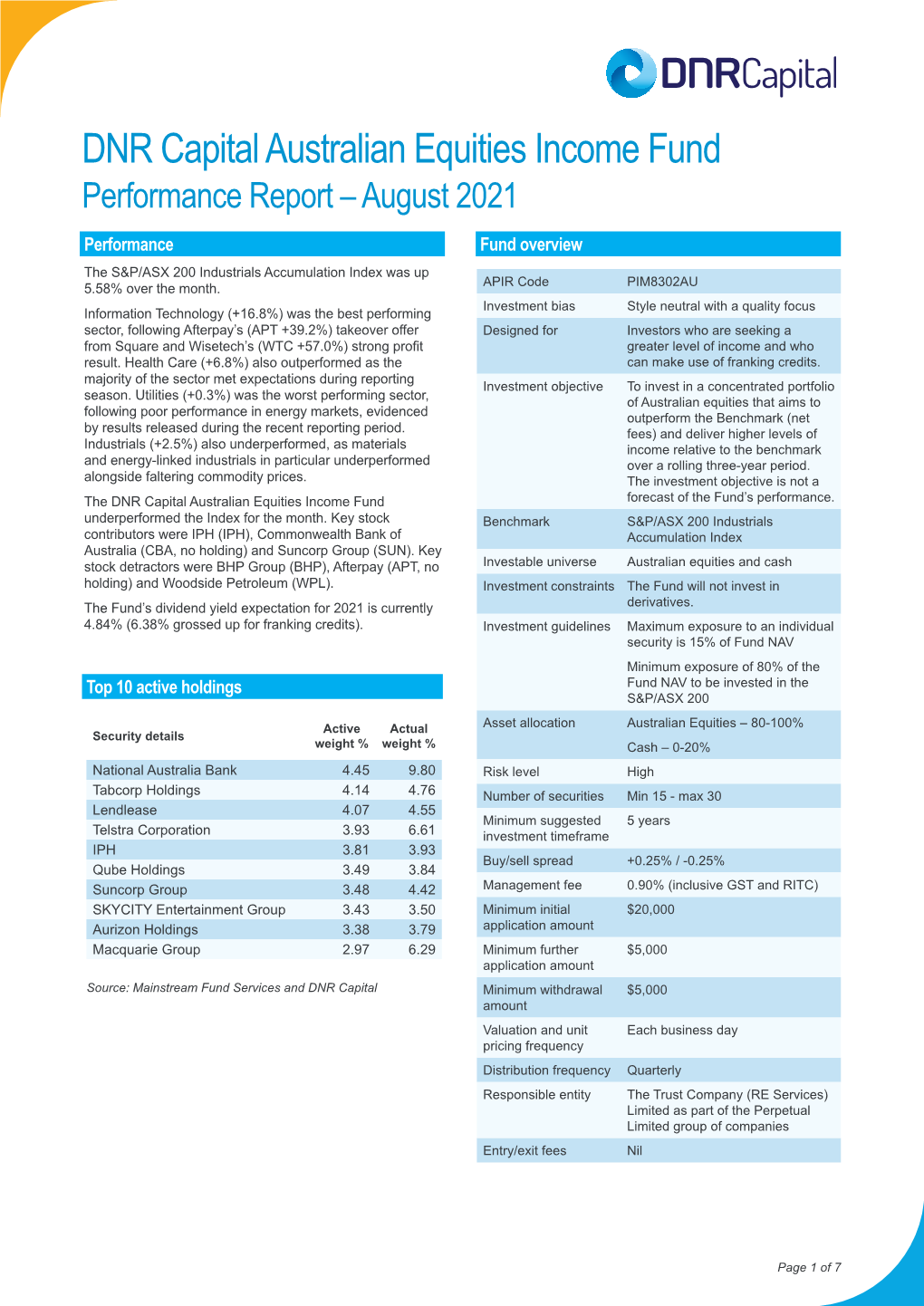 DNR Capital Australian Equities Income Fund Monthly Report