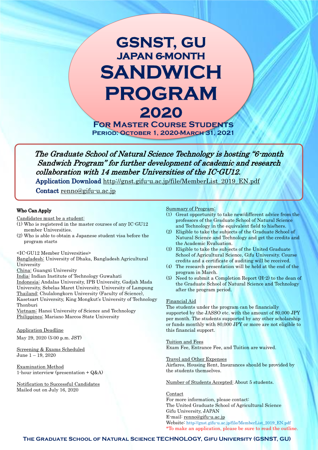 SANDWICH PROGRAM 2020 for Master Course Students Period: October 1, 2020-March 31, 2021