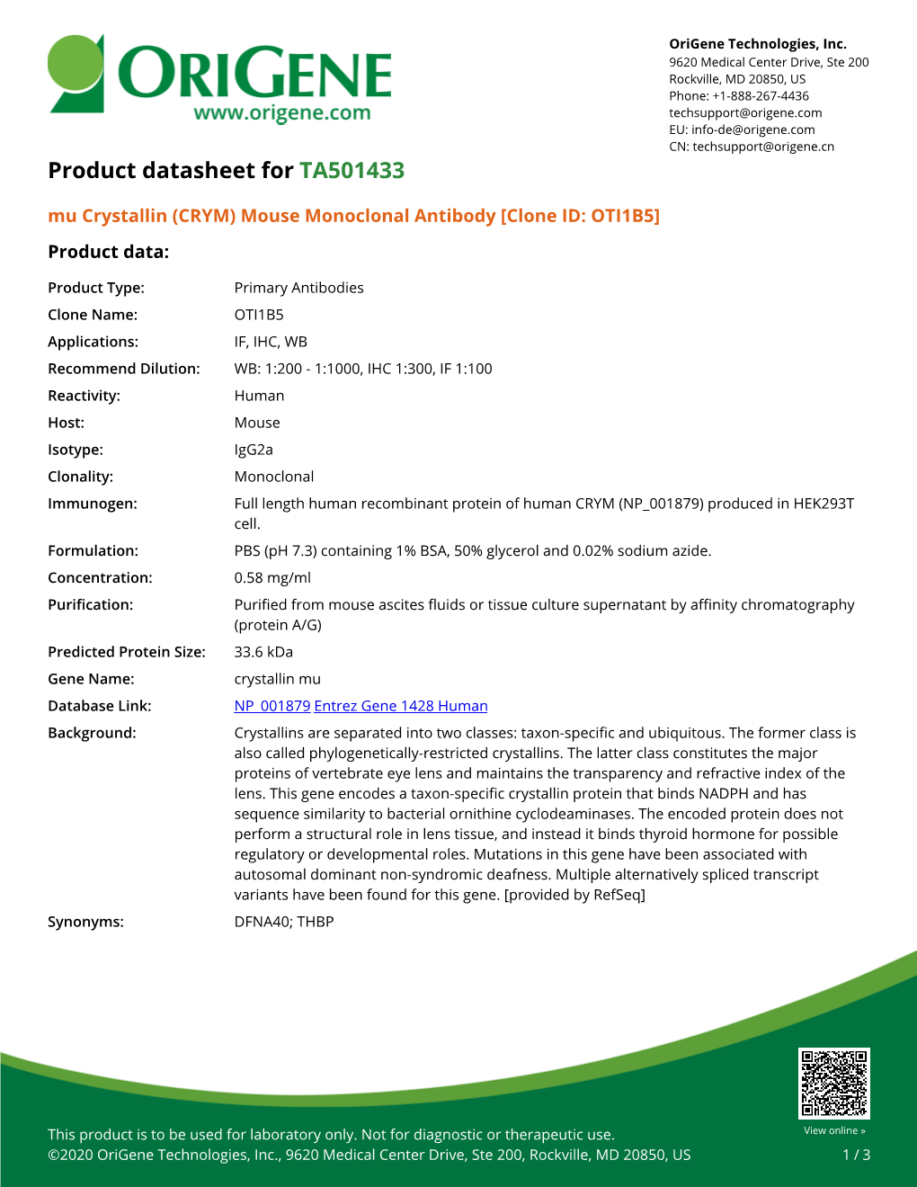 Mu Crystallin (CRYM) Mouse Monoclonal Antibody [Clone ID: OTI1B5] – TA501433 | Origene