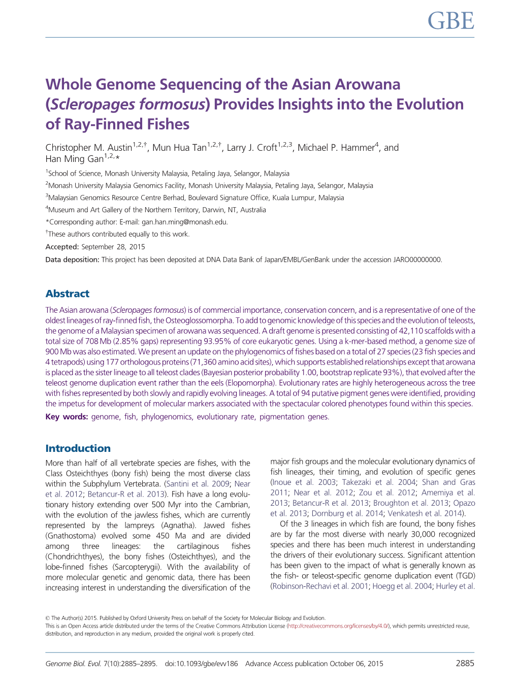 Whole Genome Sequencing of the Asian Arowana (Scleropages Formosus) Provides Insights Into the Evolution of Ray-Finned Fishes