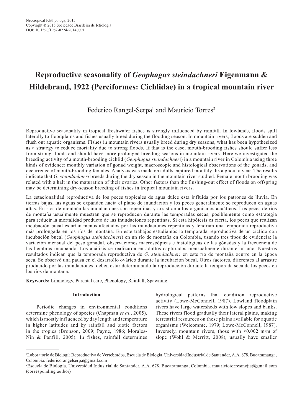 Reproductive Seasonality of Geophagus Steindachneri Eigenmann & Hildebrand, 1922 (Perciformes: Cichlidae) in a Tropical Mountain River