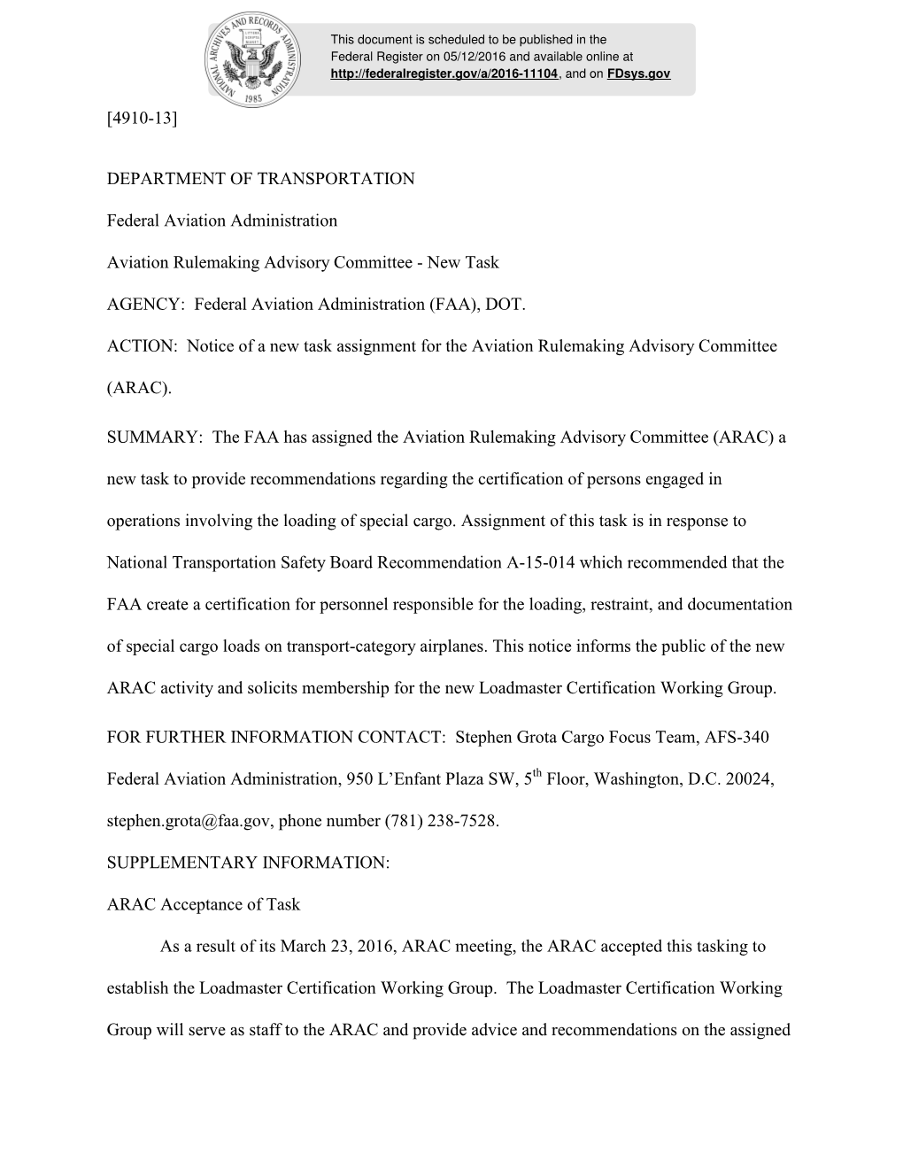 [4910-13] DEPARTMENT of TRANSPORTATION Federal Aviation Administration Aviation Rulemaking Advisory Committee