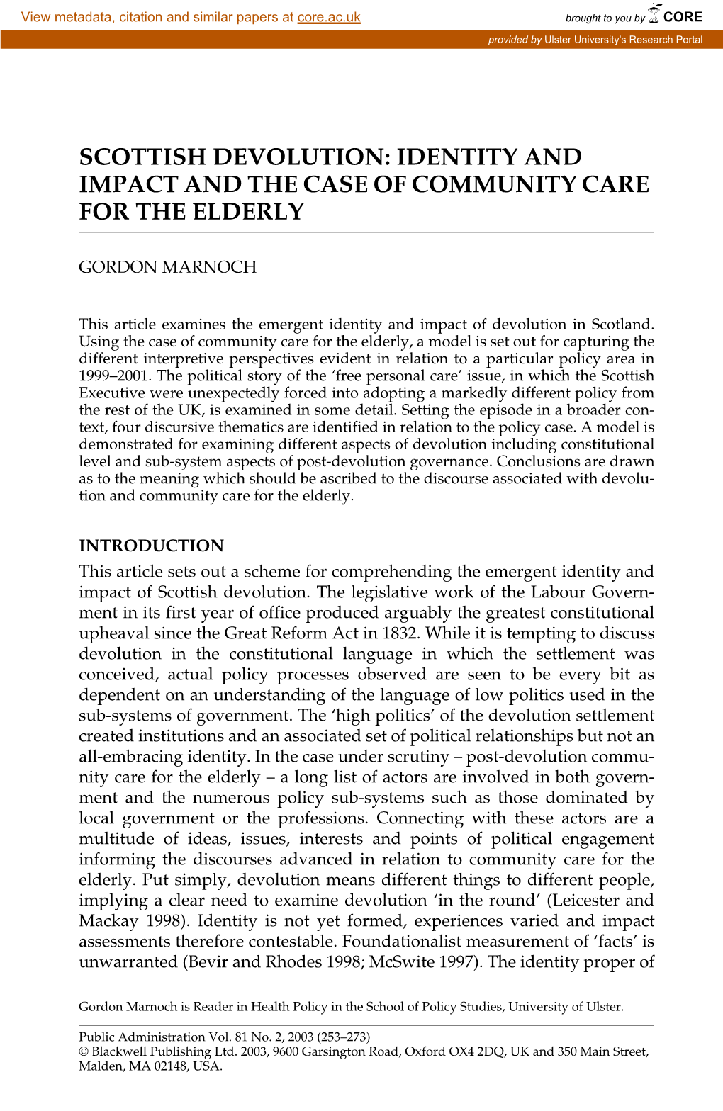 Scottish Devolution: Identity and Impact and the Case of Community Care for the Elderly