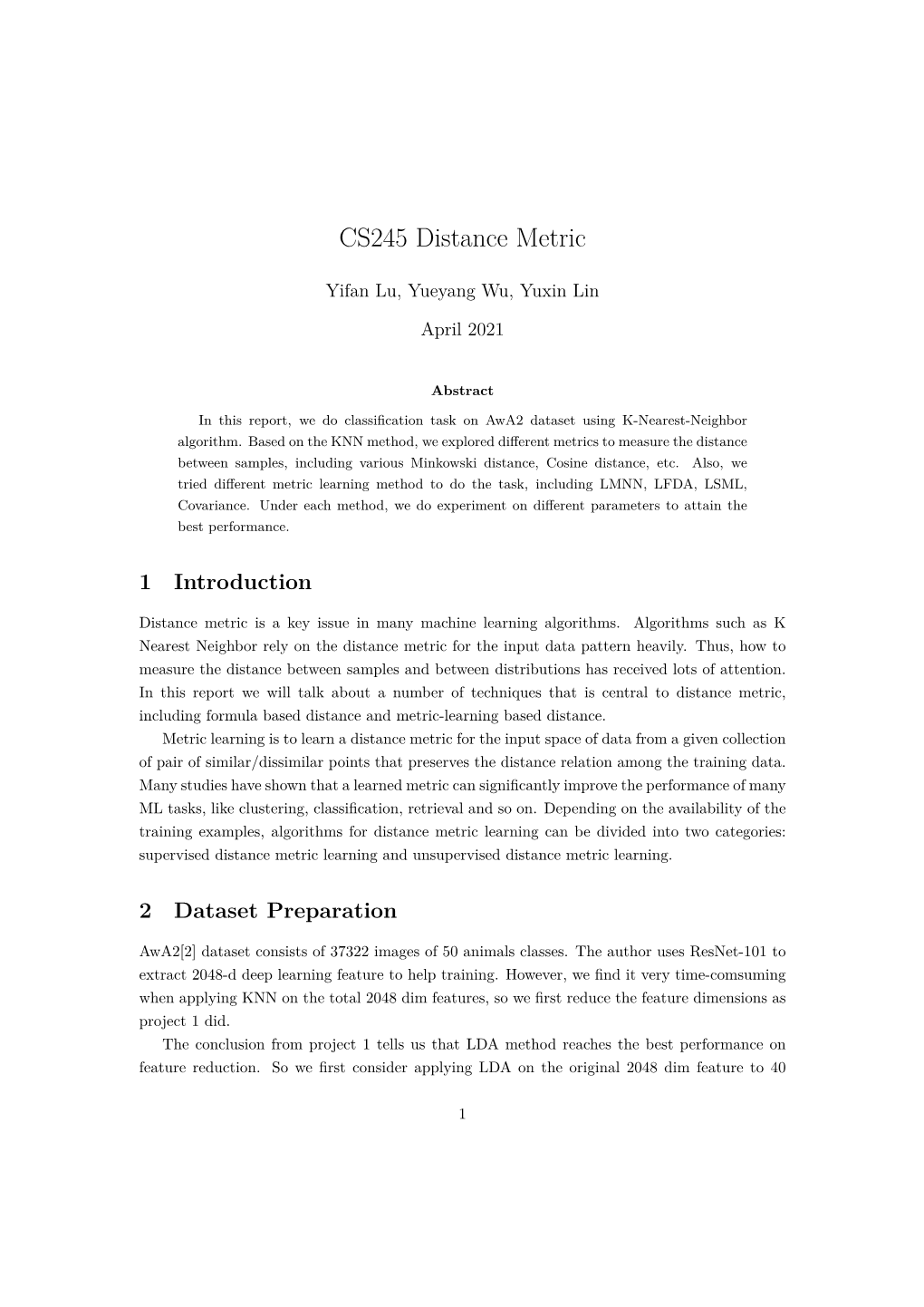 CS245 Distance Metric