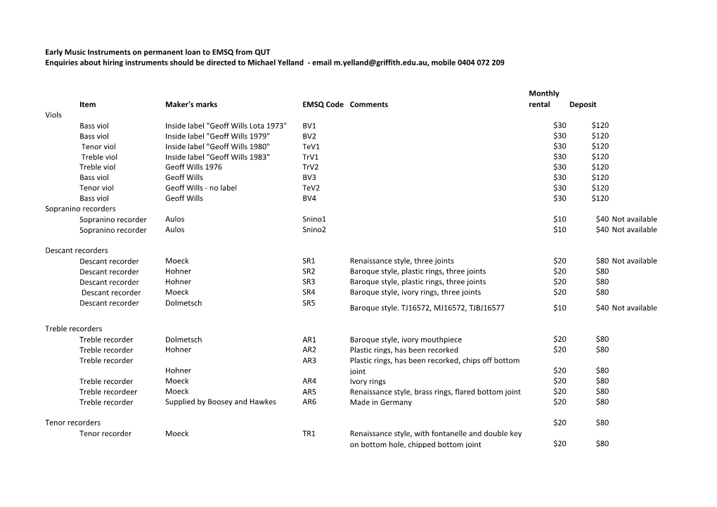 Early Music Instruments on Permanent Loan to EMSQ from QUT Enquiries
