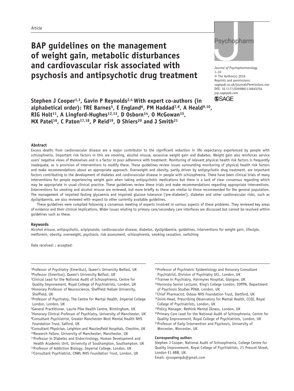 BAP Guidelines on the Management of Weight Gain, Metabolic Disturbances